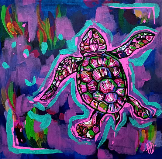 'Sea turtle neon pink' original painting