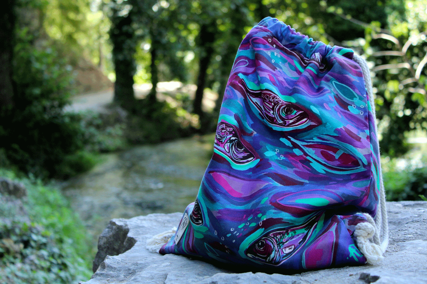 Drawstring backpack - Small fishes purple/blue